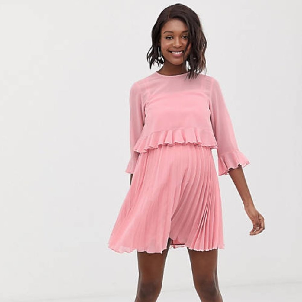 Maternity Double-Layered Pleated Mini Dress in Dusky Pink | ASOS